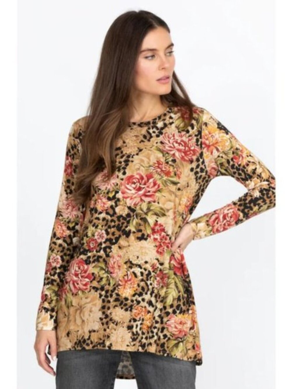 Johnny Was Vintage Rose Swing Tunic Cheetah Long Sleeve Brown Beige Top M
